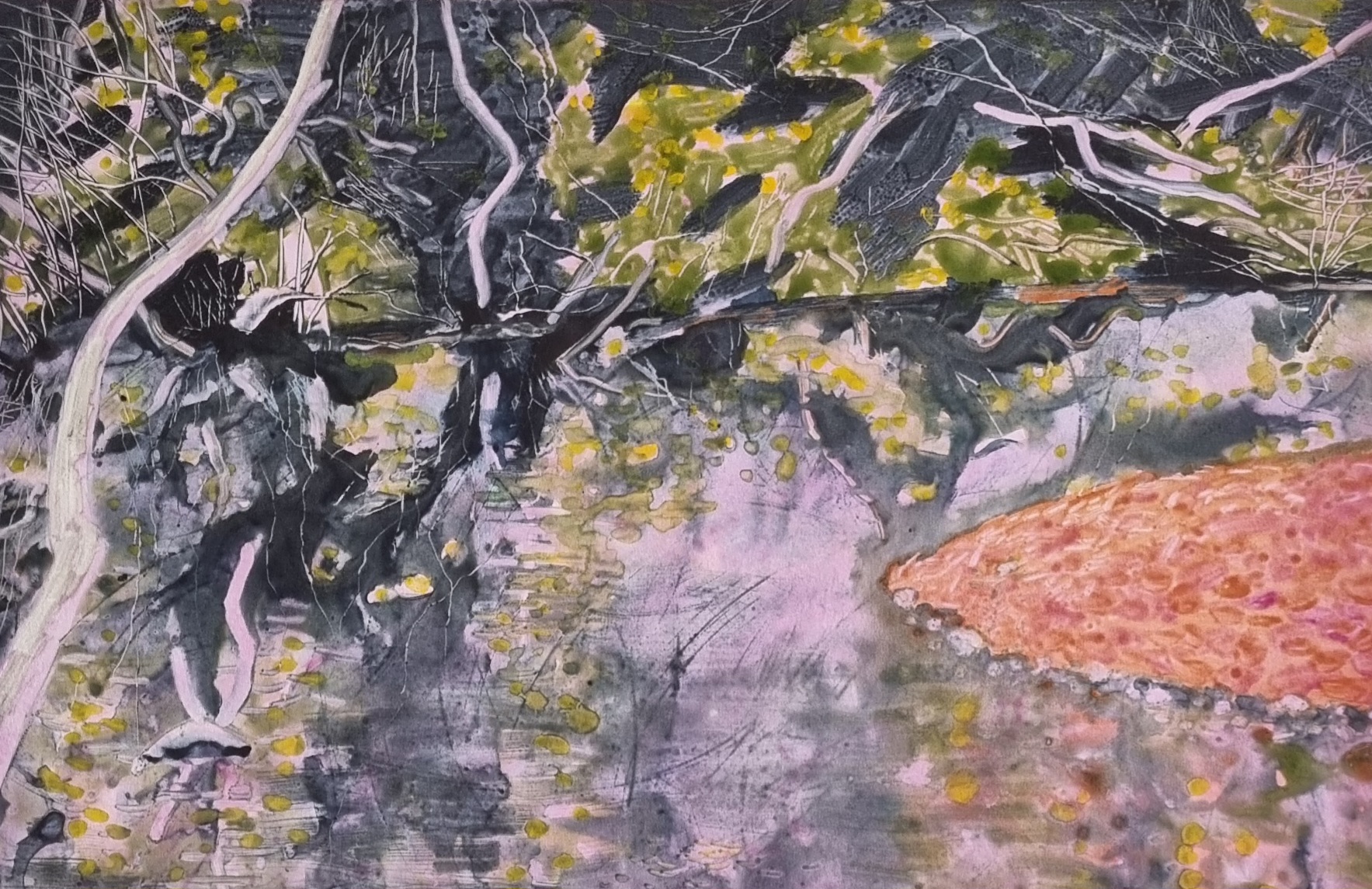 Judith Dorber, Morning Solitude, Freestone Creek. Watercolour two plate monotype
